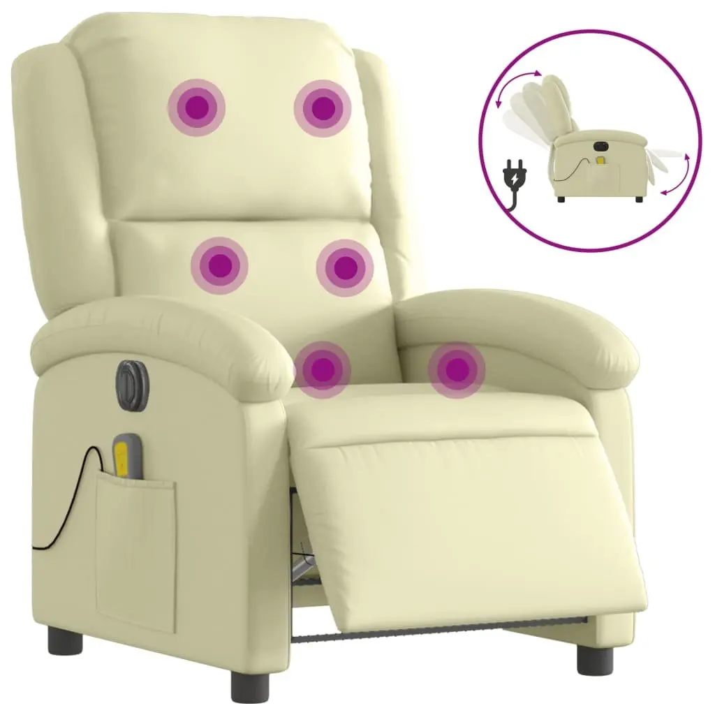 Electric Massage Recliner Chair Real Leather Cream Adjustable Footrest