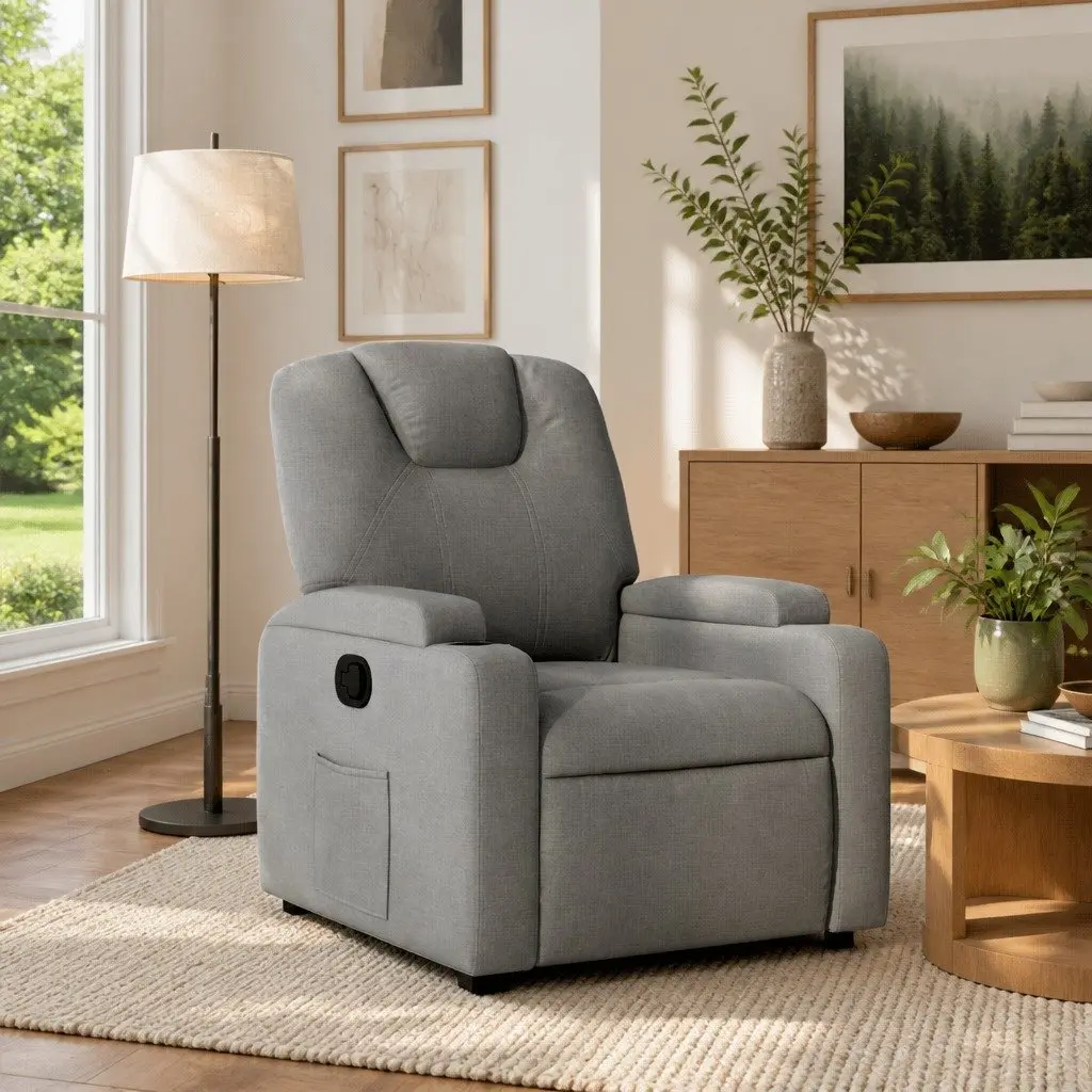 Recliner Chair Fabric Grey Manual Recline Armchair