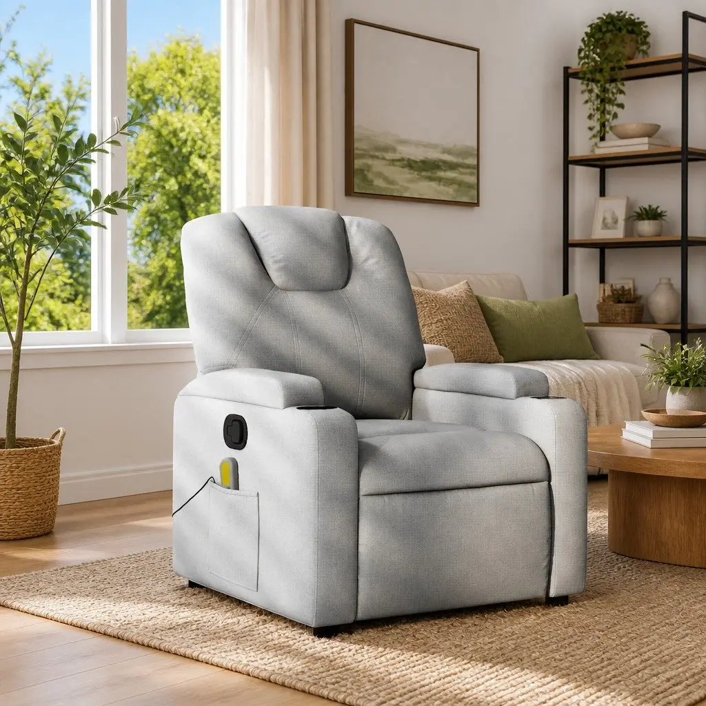 Massage Recliner Chair Fabric Light Grey Manual Recline Vibration Armchair