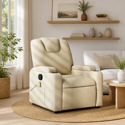 Cream Fabric Massage Recliner Chair with 6 Vibration Points