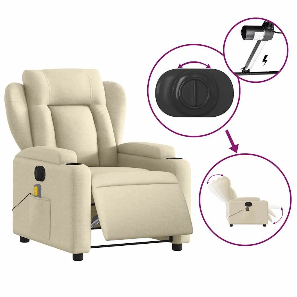 Electric Massage Recliner Chair Fabric Cream Adjustable Armchair