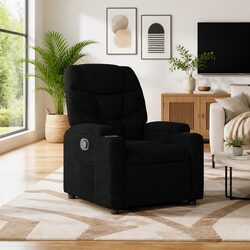 Manual Reclining Armchair in Black Fabric with Cup Holders