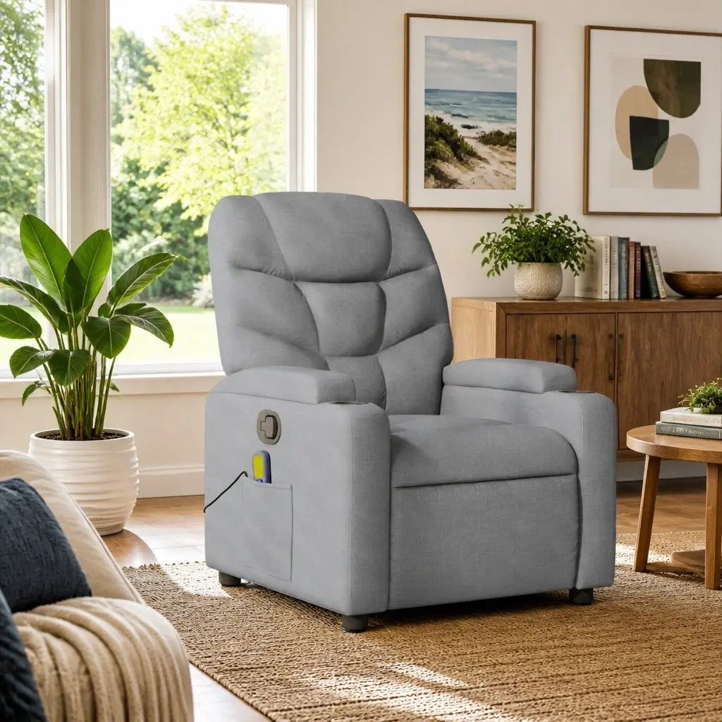 Massage Recliner Chair Fabric Grey Adjustable Footrest Vibration Armchair