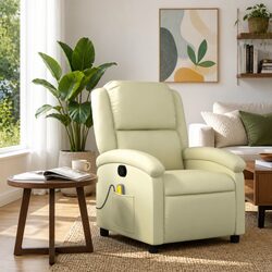 Cream Leather Manual Recline Massage Chair with 6 Massage Points