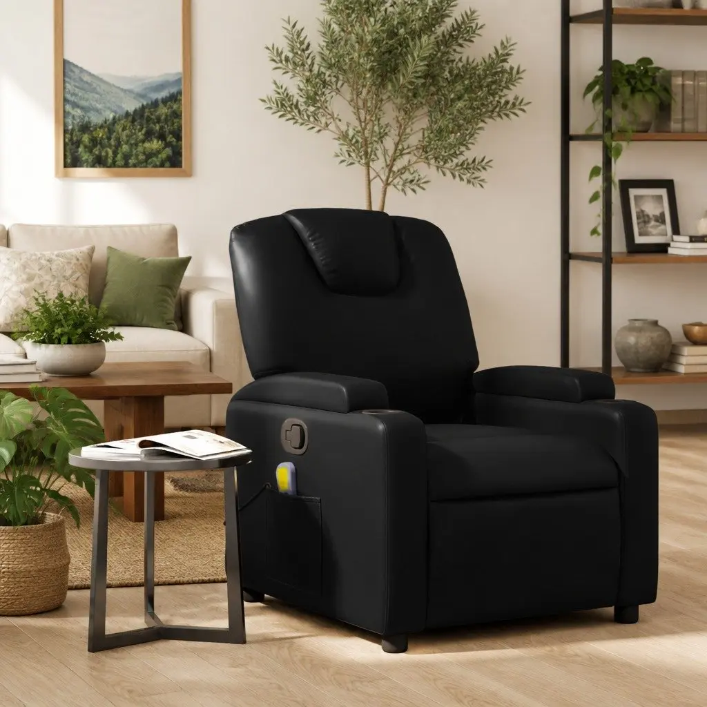 Black Faux Leather Manual Recline Massage Recliner Chair