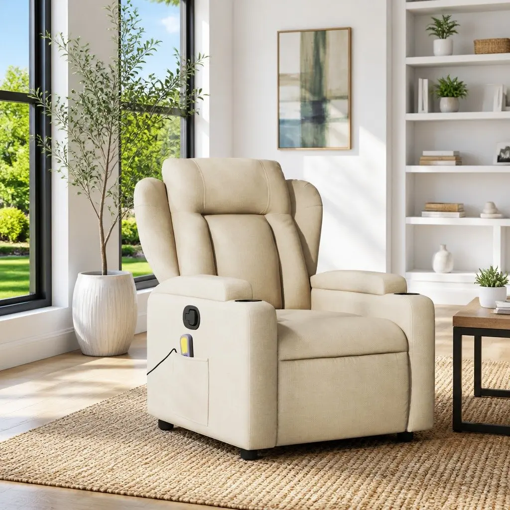 Cream Fabric Massage Recliner Chair with Cup Holders