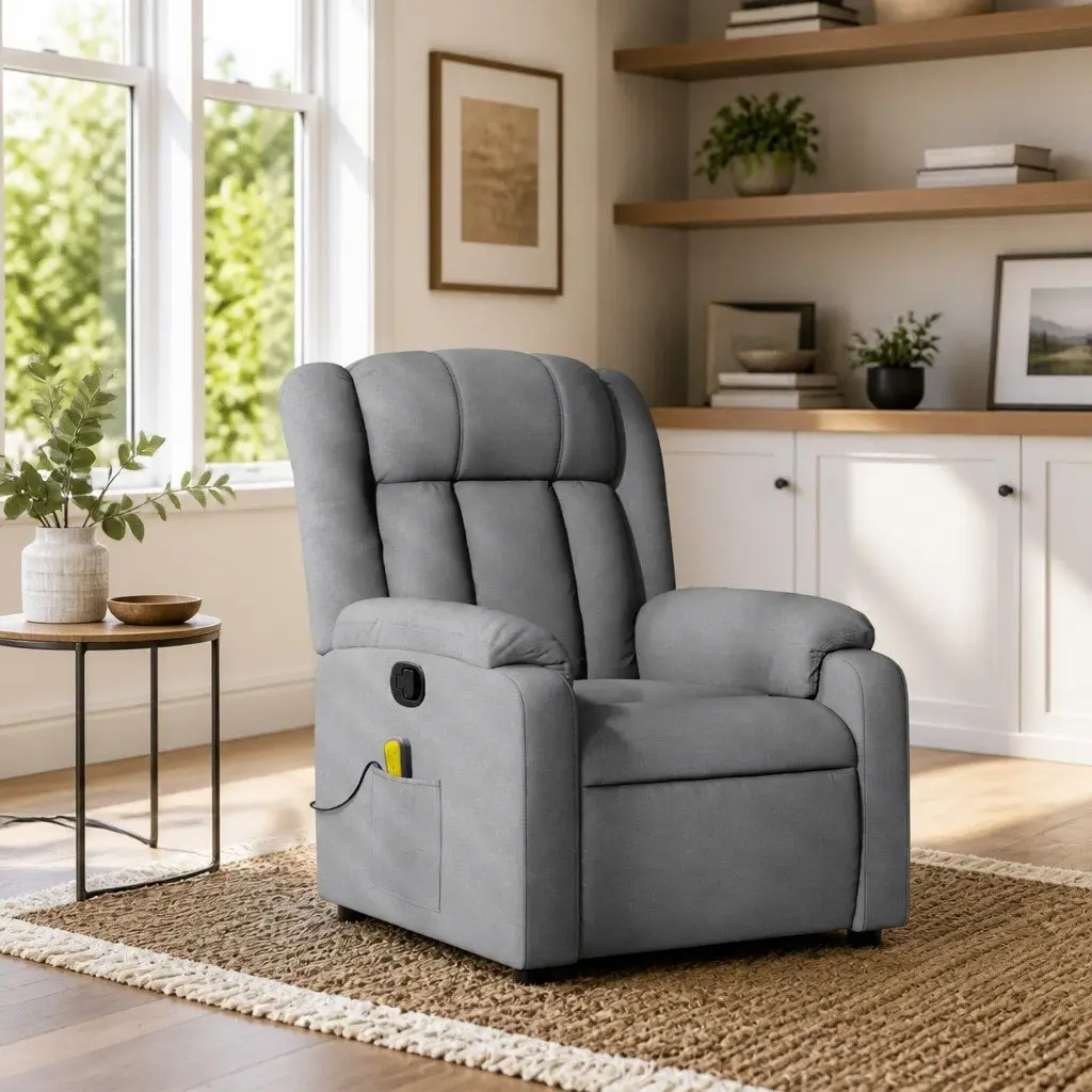 Grey Fabric Massage Recliner with Adjustable Footrest