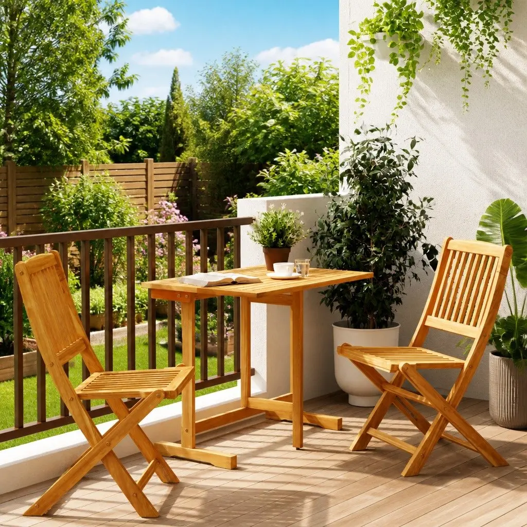 Folding Garden Dining Set 3 Piece Outdoor Bistro Table Chairs Wood Patio