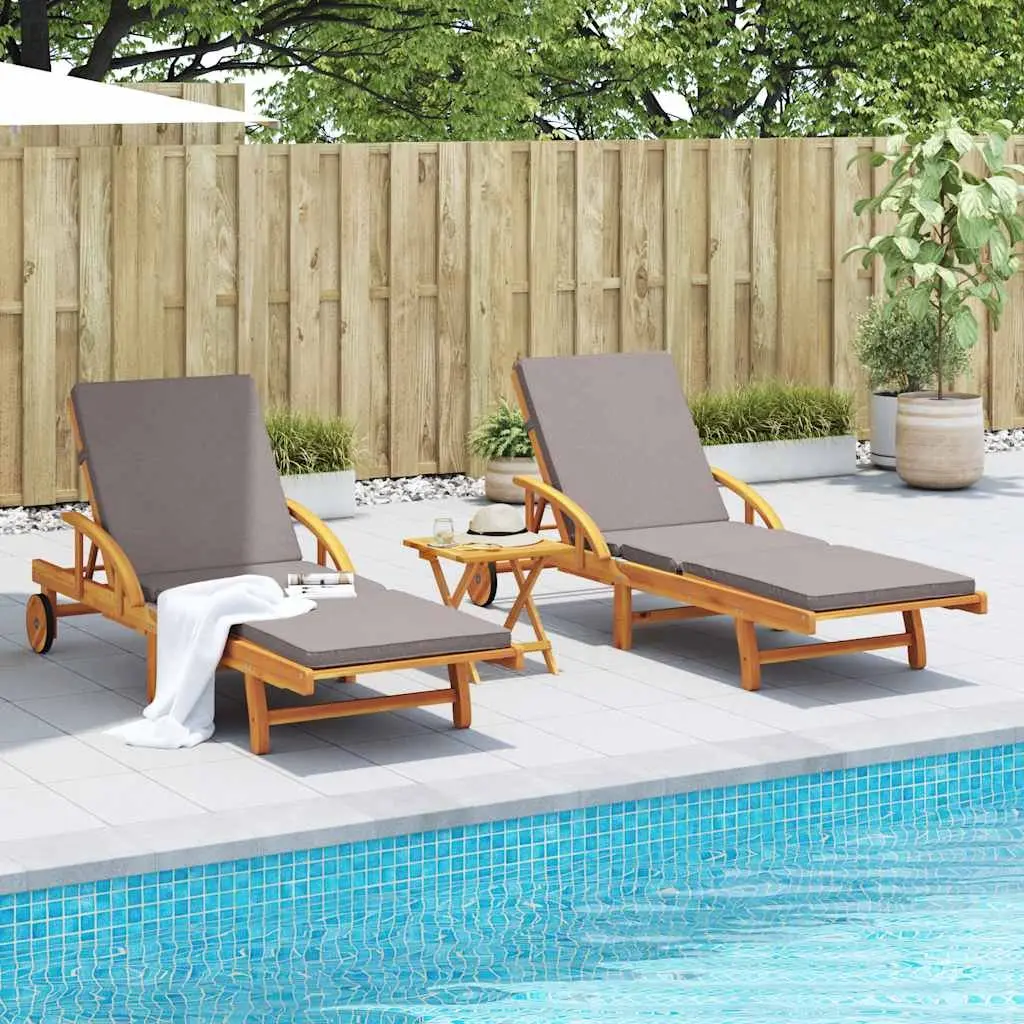 Sun Loungers Set 2 pcs with Pull-Out Table Solid Acacia Wood Outdoor Furniture