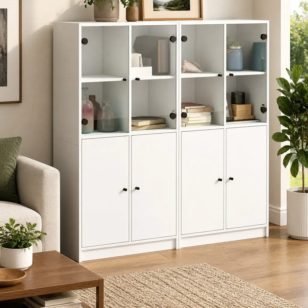 White Bookcase with Doors and Storage Options