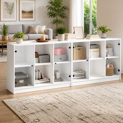 Sturdy White Bookcase with Glass Doors 204x37x75cm