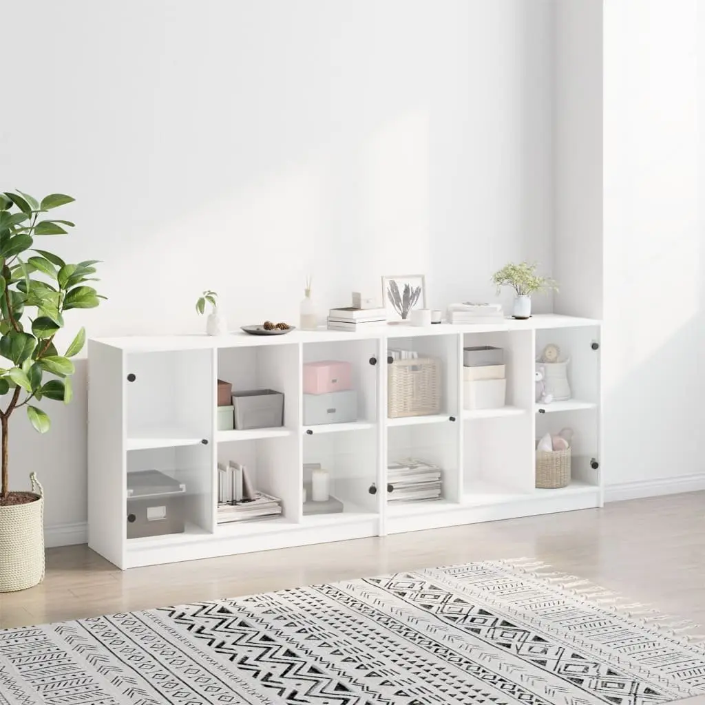 Bookcase Engineered Wood Glass Doors 204x37x75cm White