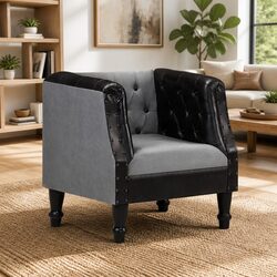 Stylish Black Leather Tub Chair with Sturdy Mango Wood Legs