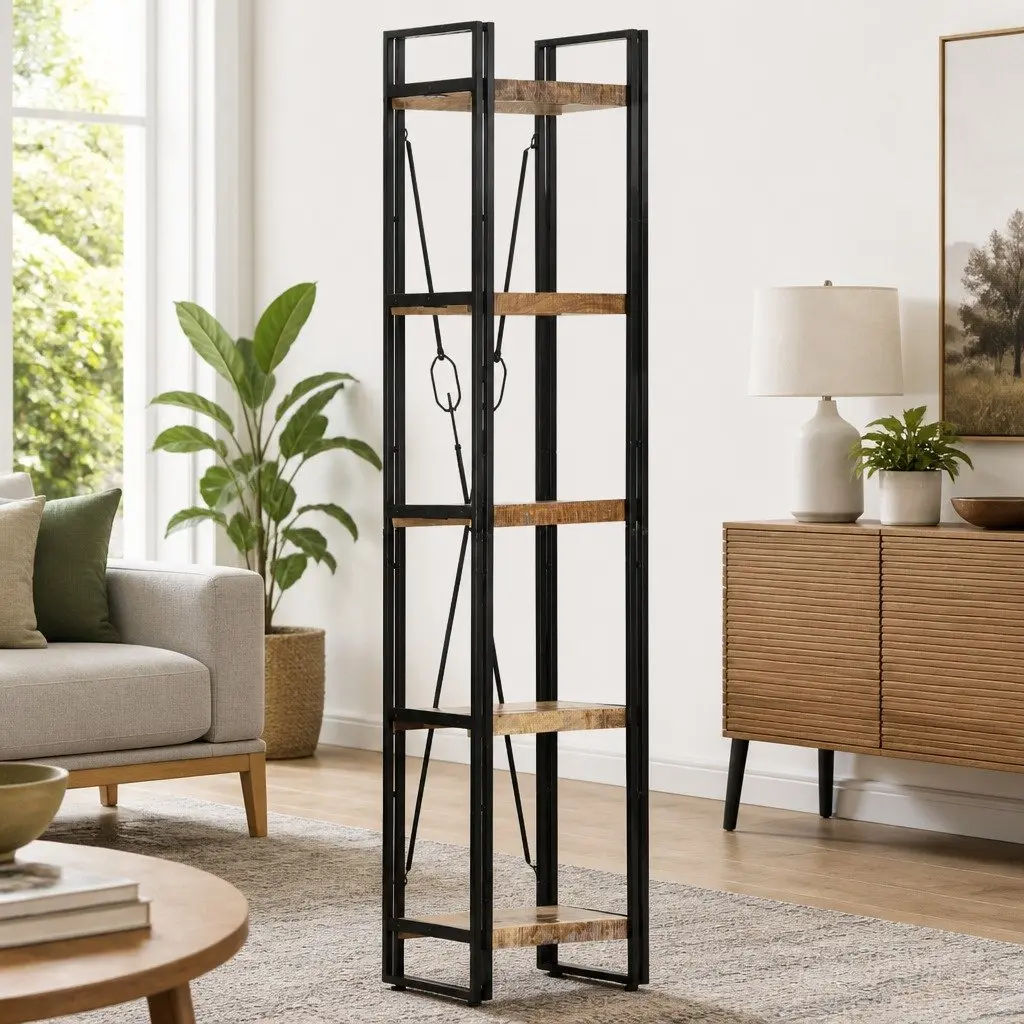 Industrial 5-Tier Bookcase in Solid Mango Wood