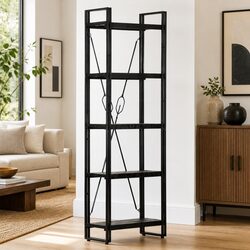 5-Tier Black Bookcase with Solid Mango Wood Shelves