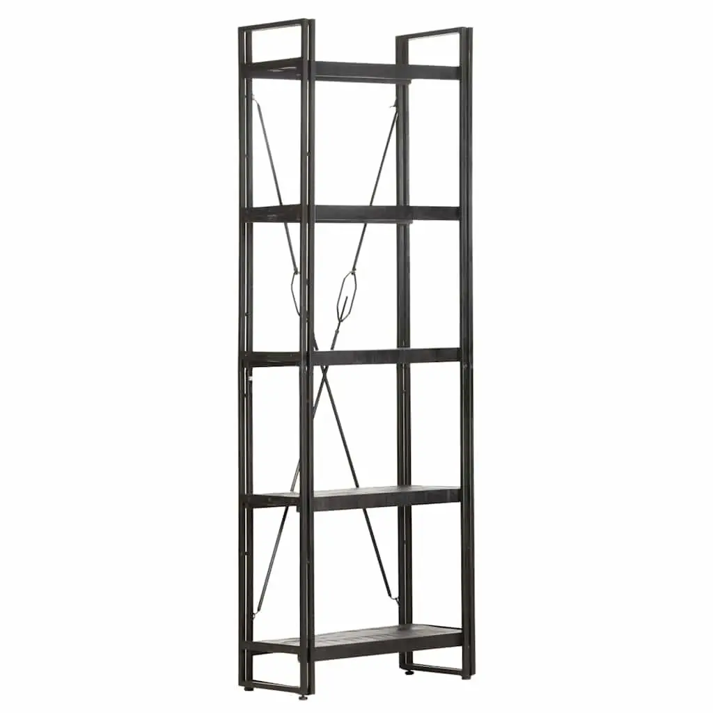 5-Tier Black Bookcase with Solid Mango Wood Shelves
