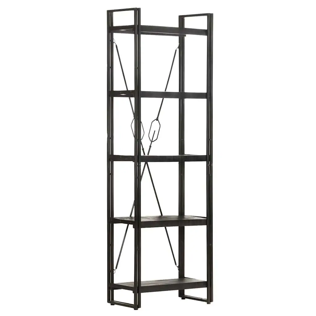 5-Tier Black Bookcase with Solid Mango Wood Shelves