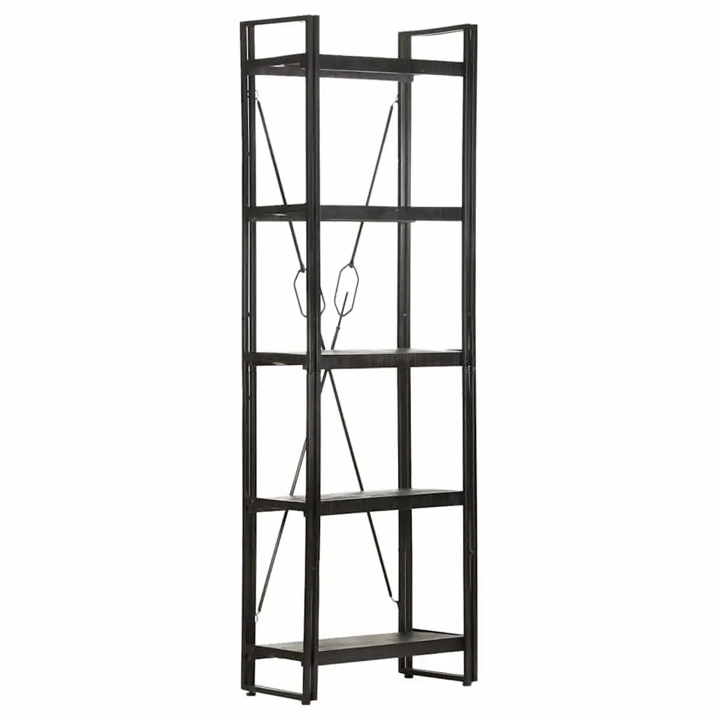 5-Tier Black Bookcase with Solid Mango Wood Shelves