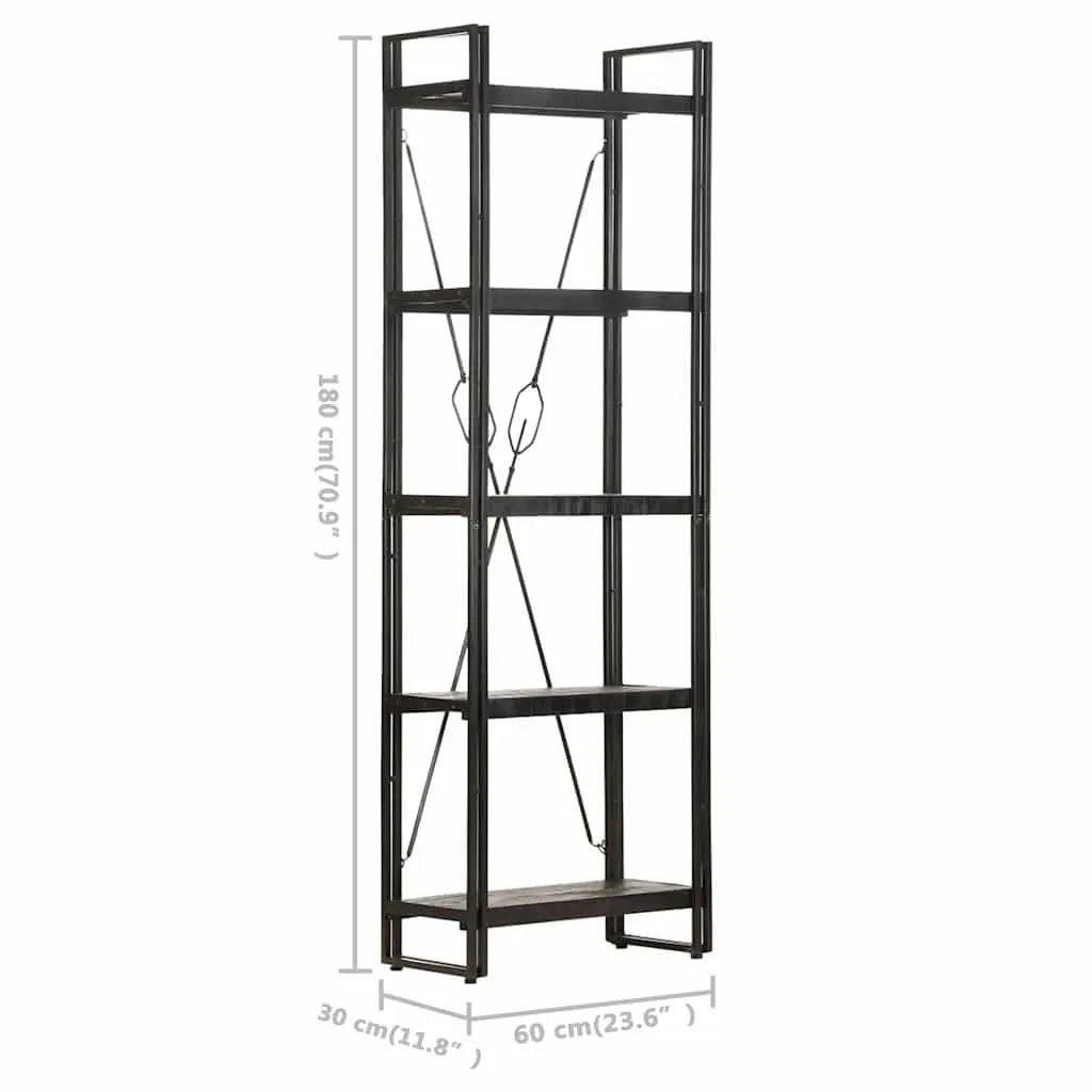 5-Tier Black Bookcase with Solid Mango Wood Shelves