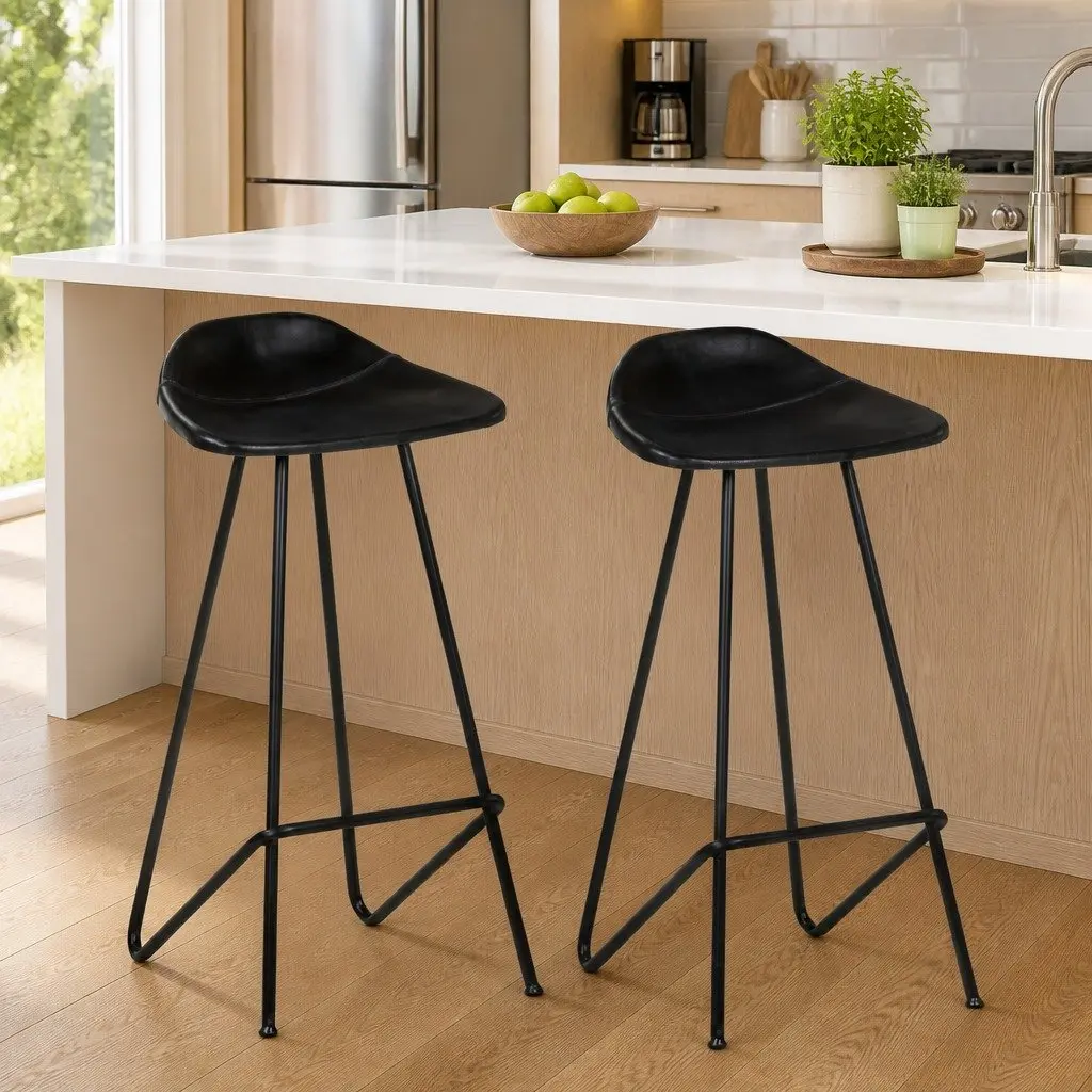 Bar Stools Leather Seat Iron Frame Industrial Style Black 2 pcs