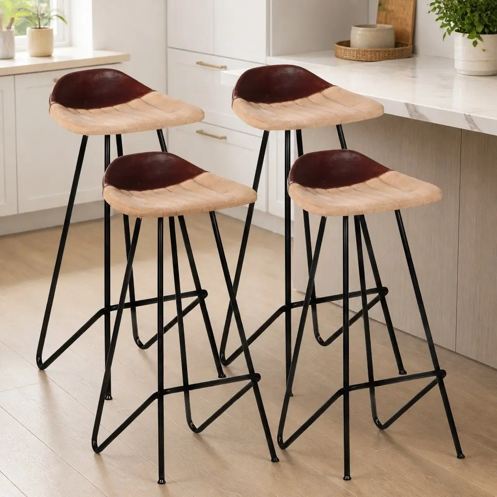Bar Stools Real Goat Leather Seat Powder-Coated Iron Frame 4 Piece Brown Industrial Style