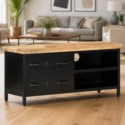 Industrial-Style TV Cabinet in Solid Rough Mango Wood