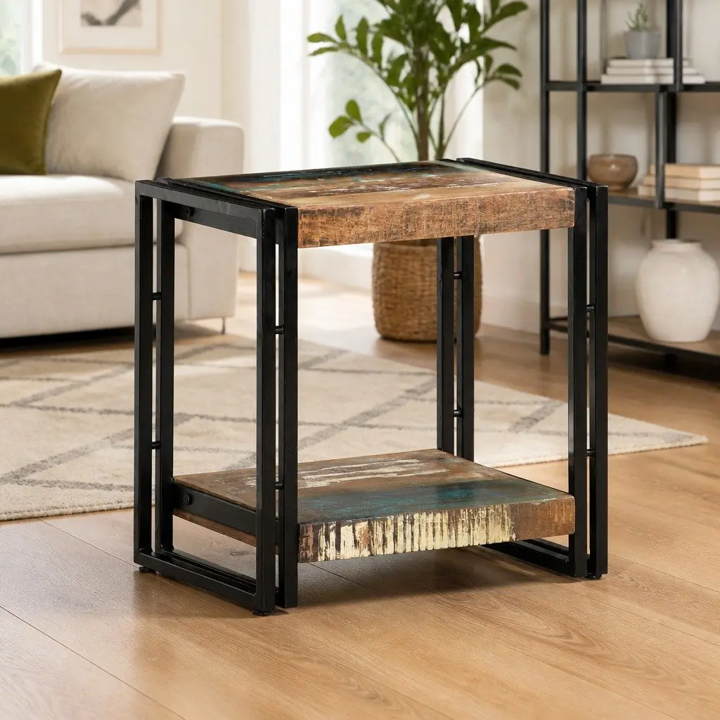 Solid Reclaimed Wood End Table with Storage Shelf