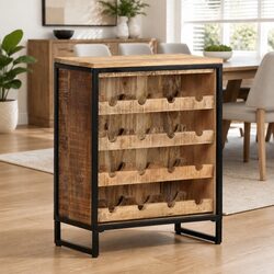 Rough Mango Wood Wine Cabinet for 16 Bottles