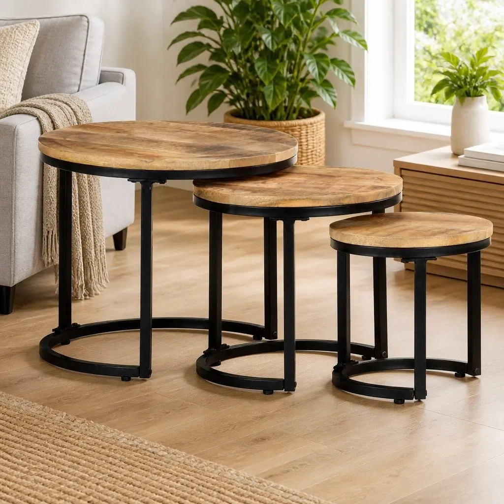 Mango Wood Nesting Side Tables Set of 3 in Brown