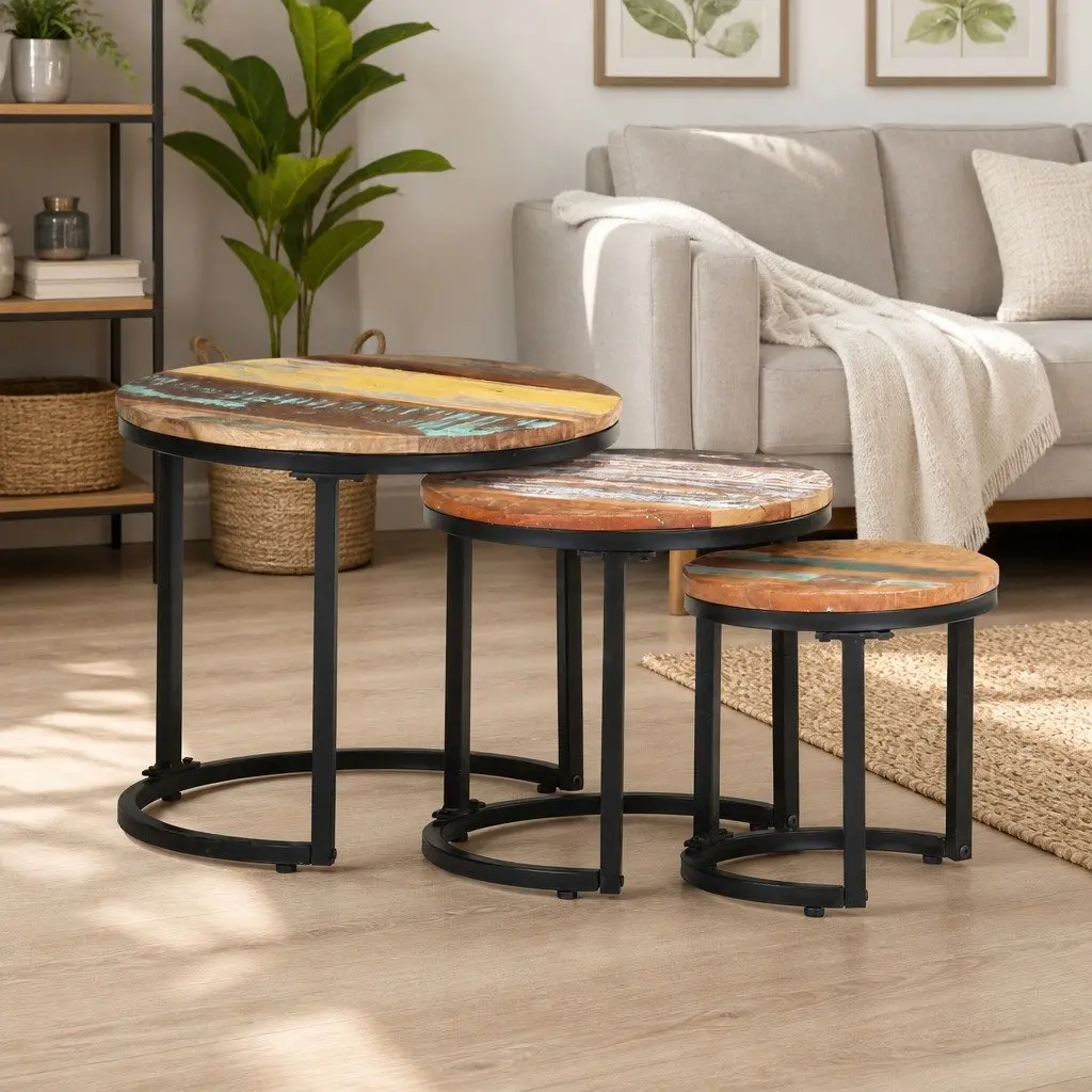 Industrial Style 3-Piece End Tables Set in Reclaimed Wood