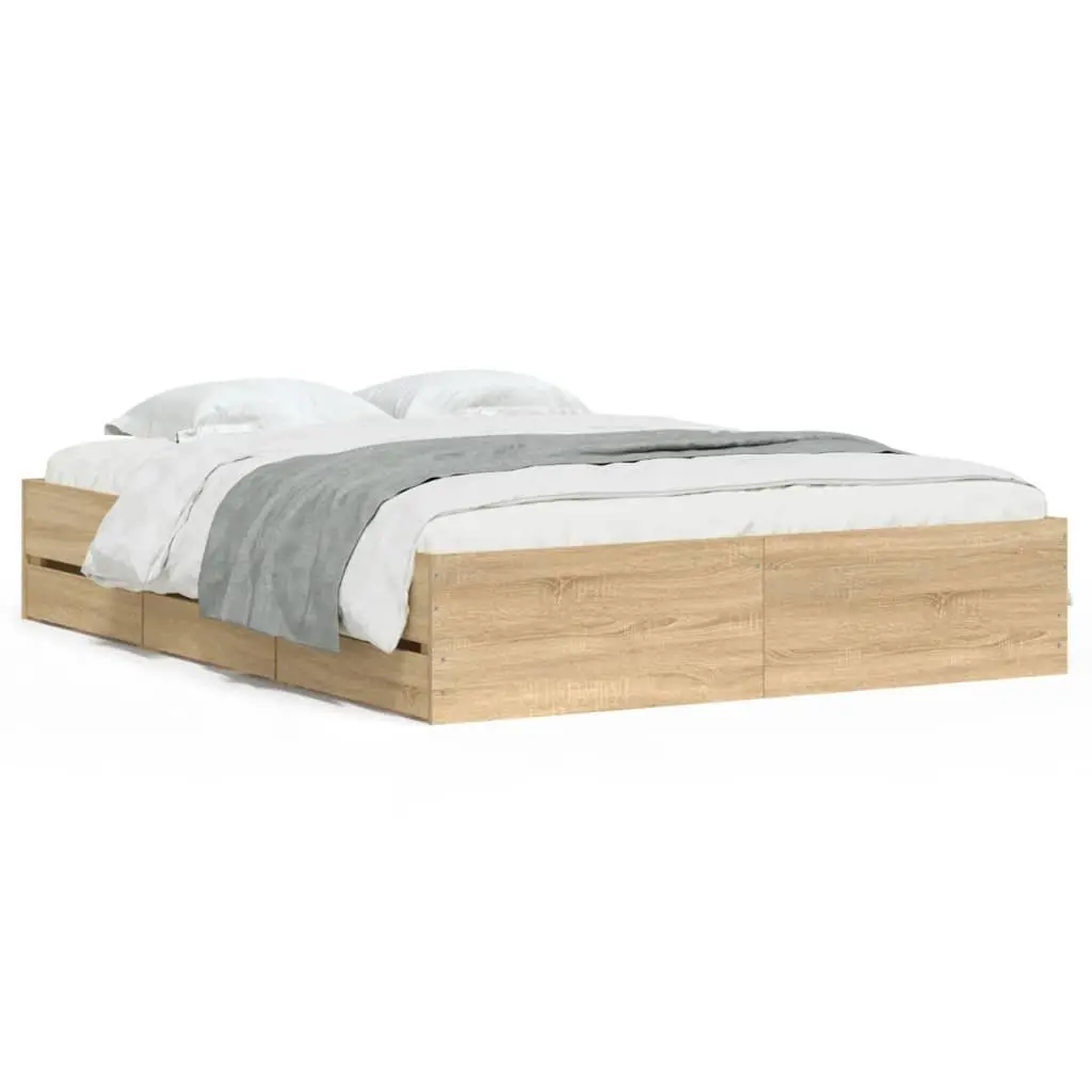 Engineered Wood Bed Frame with Drawers and Slatted Base