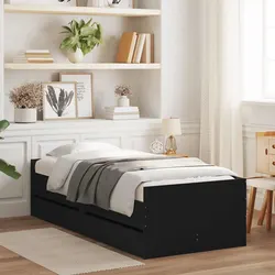 Sturdy Black Bed Frame with Storage Drawers 90x190 cm