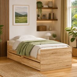Durable Brown Bed Frame with Storage Drawers 90x190cm