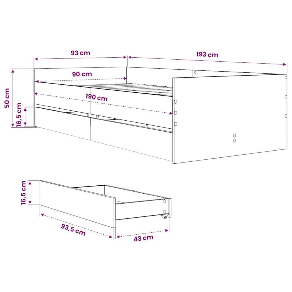 Brown Bed Frame with Storage Drawers 90x190cm