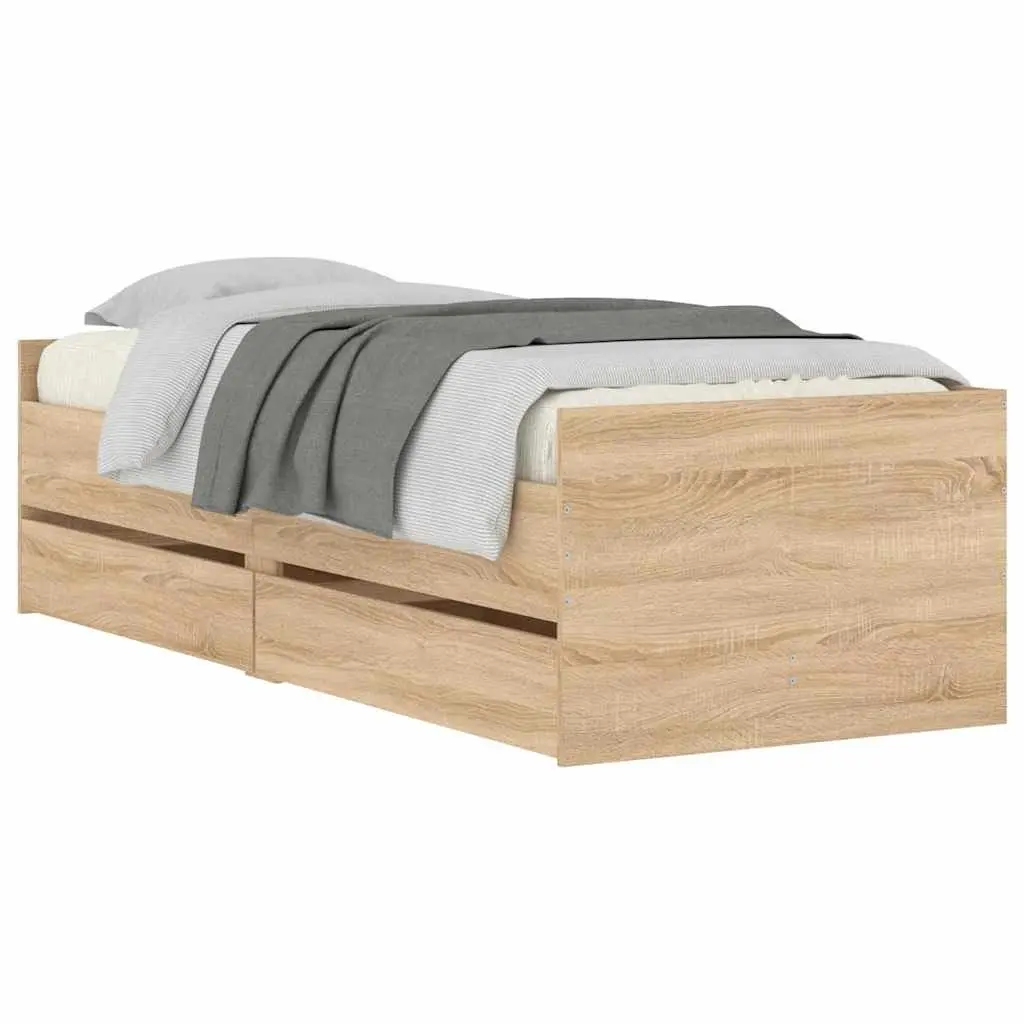 Brown Bed Frame with Storage Drawers 90x190cm