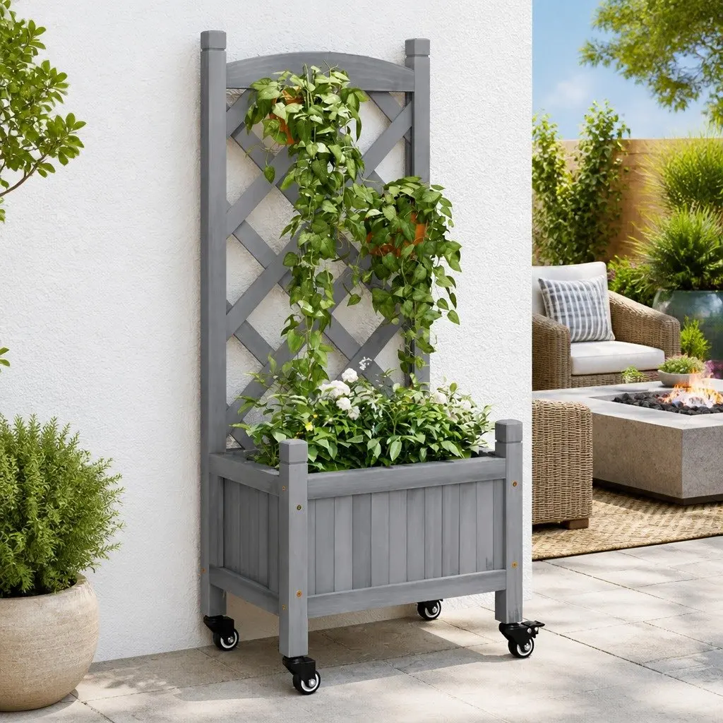 Wooden Planter Solid Fir Wood Grey with Trellis Fence Panel and Wheels