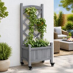 Durable Wooden Garden Planter with Trellis and Wheels