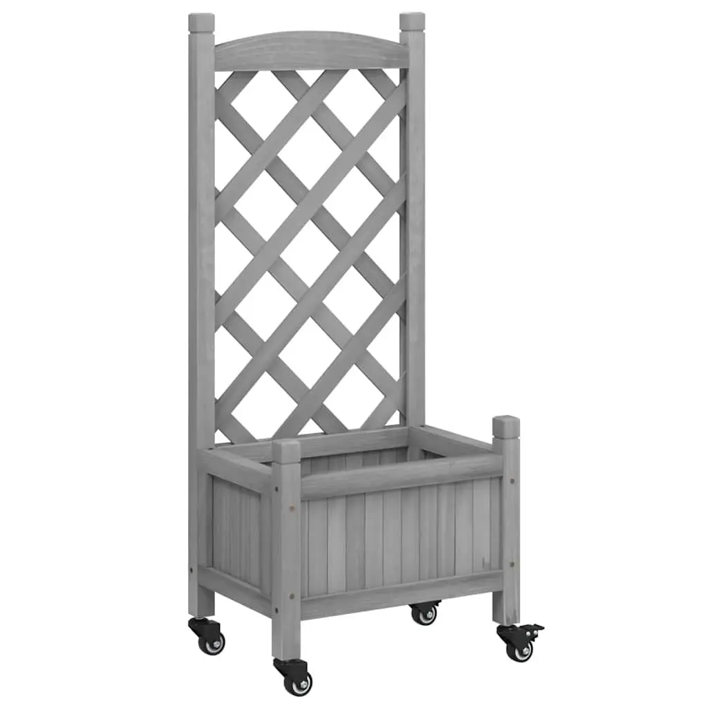 Wooden Planter Solid Fir Wood Grey with Trellis Fence Panel and Wheels