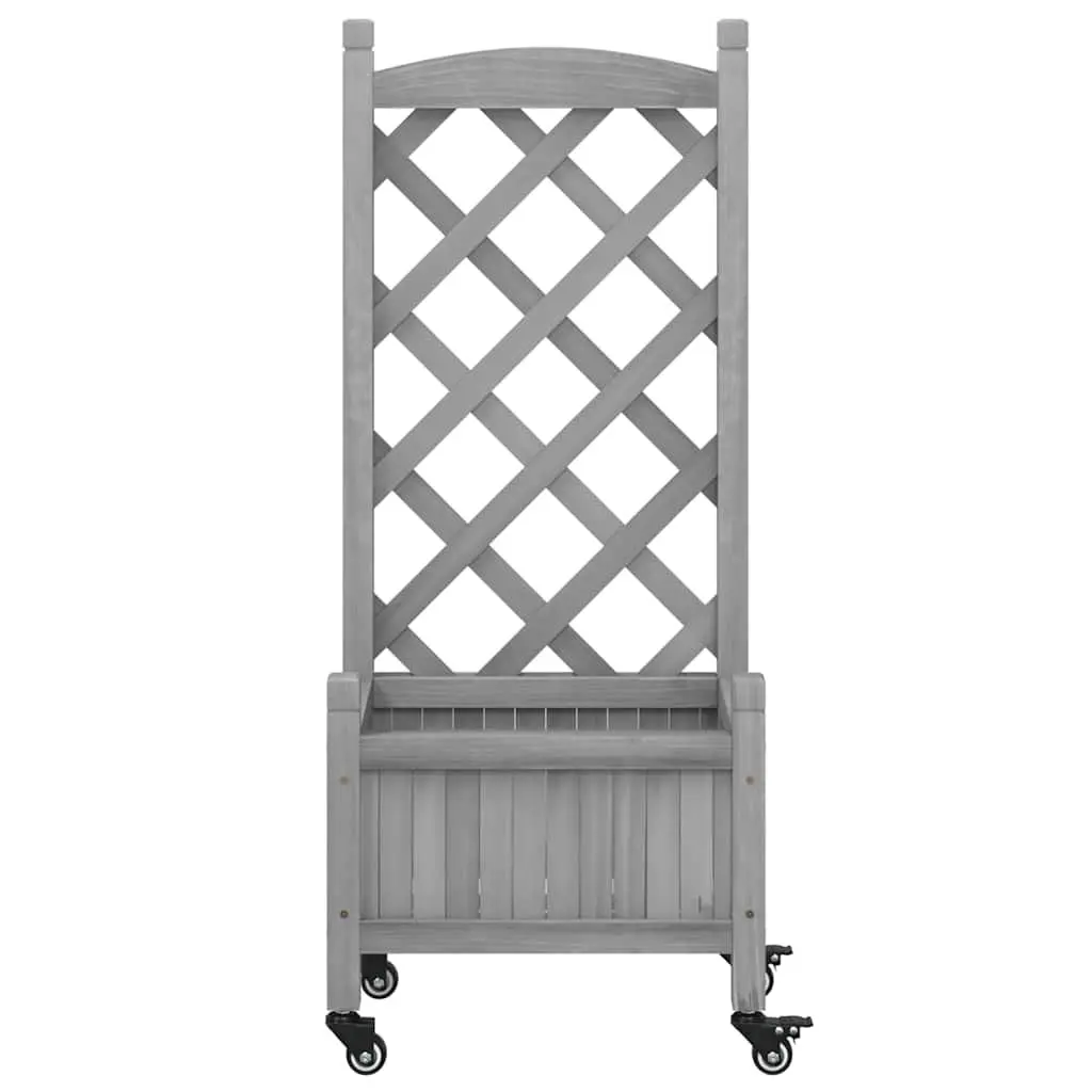 Wooden Planter Solid Fir Wood Grey with Trellis Fence Panel and Wheels