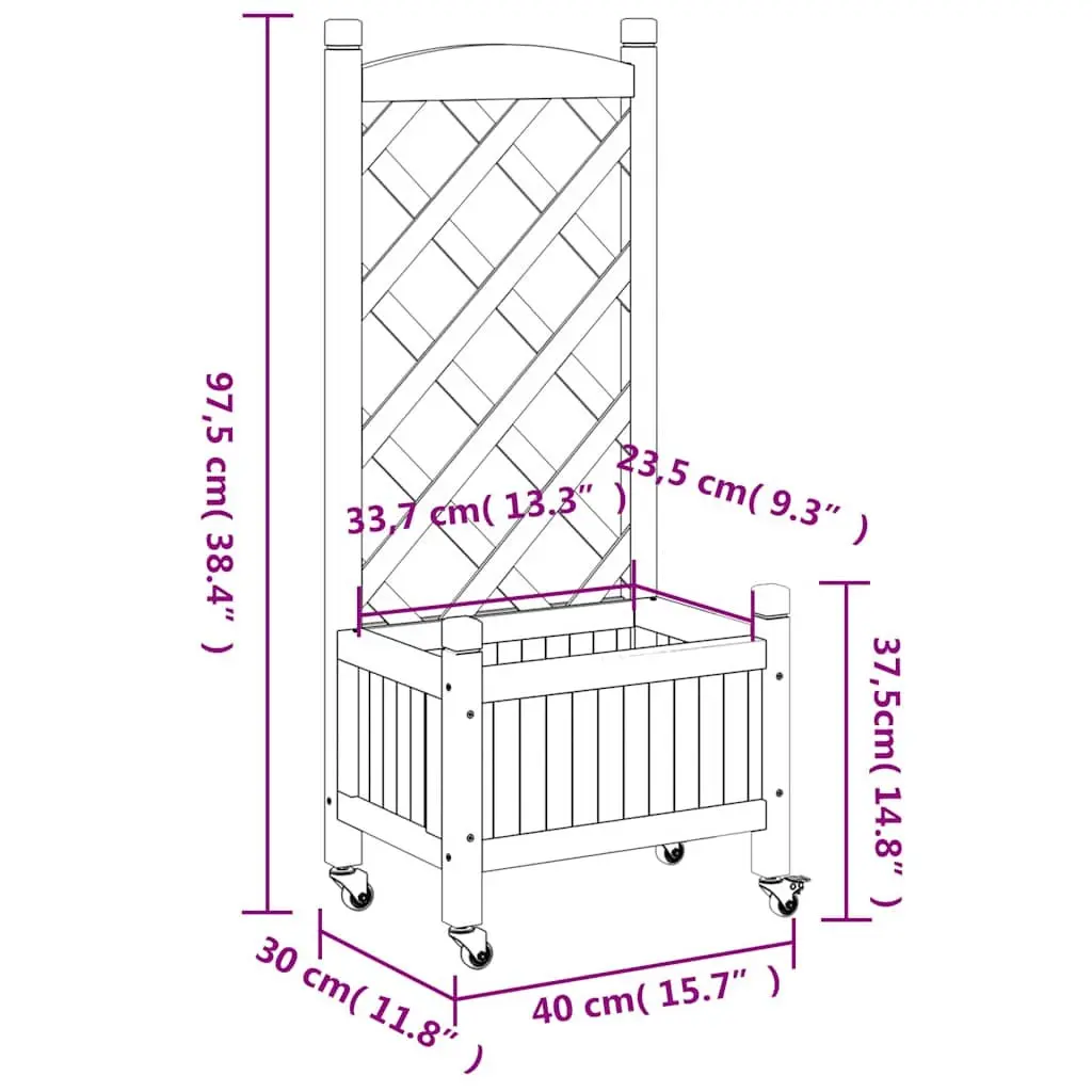 Wooden Planter Solid Fir Wood Grey with Trellis Fence Panel and Wheels