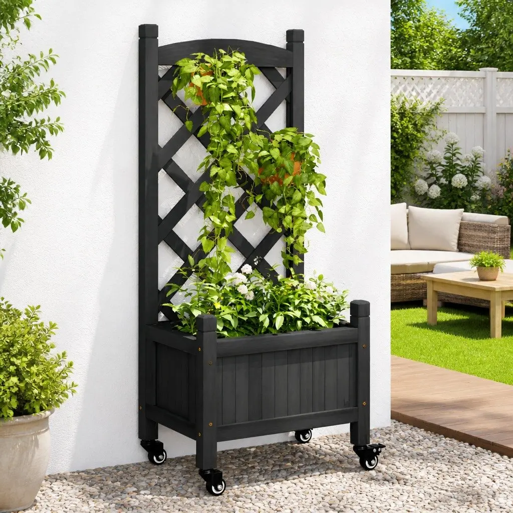 Wooden Planter Solid Fir Wood Black with Trellis and Wheels for Climbing Plants