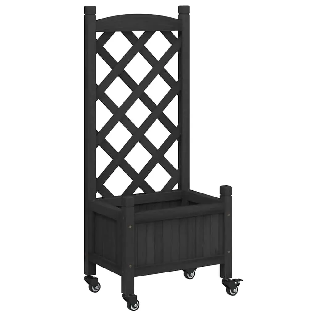 Wooden Planter Solid Fir Wood Black with Trellis and Wheels for Climbing Plants