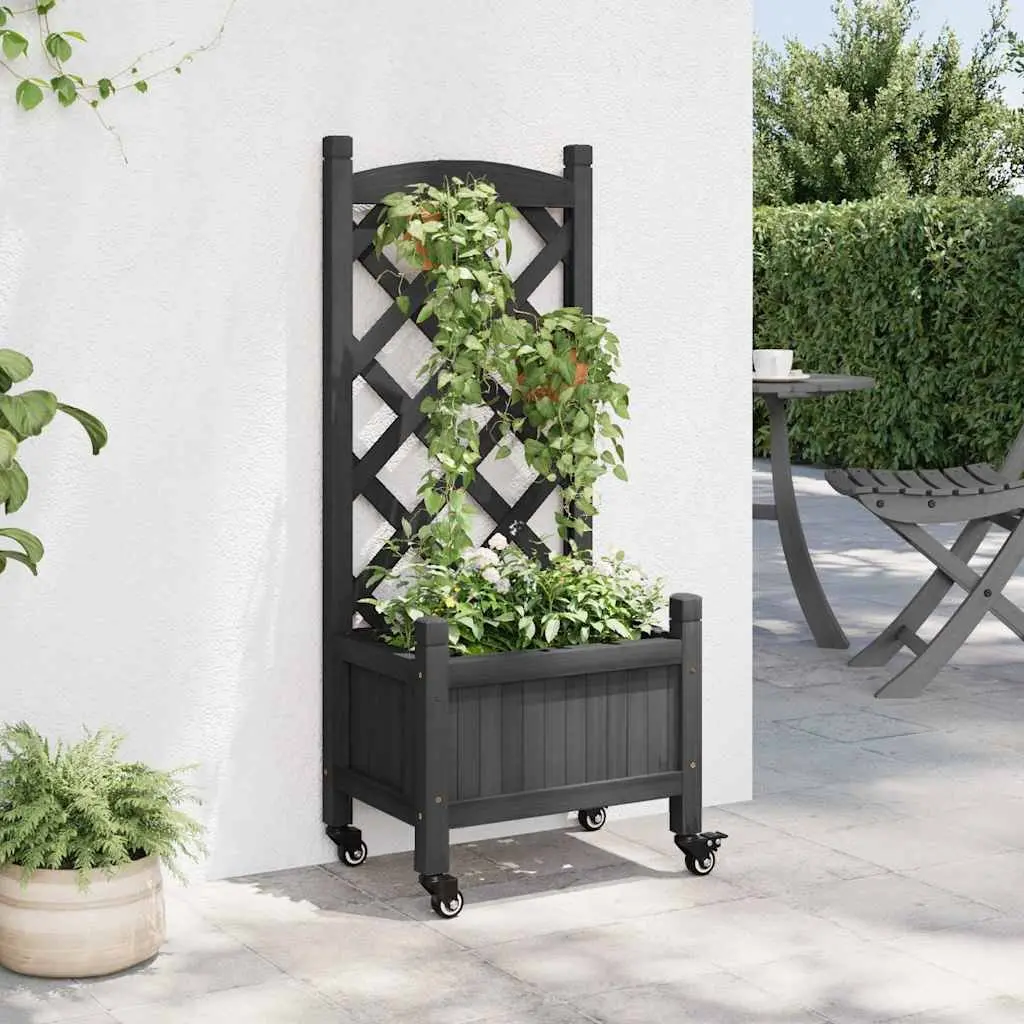 Wooden Planter Solid Fir Wood Black with Trellis and Wheels for Climbing Plants