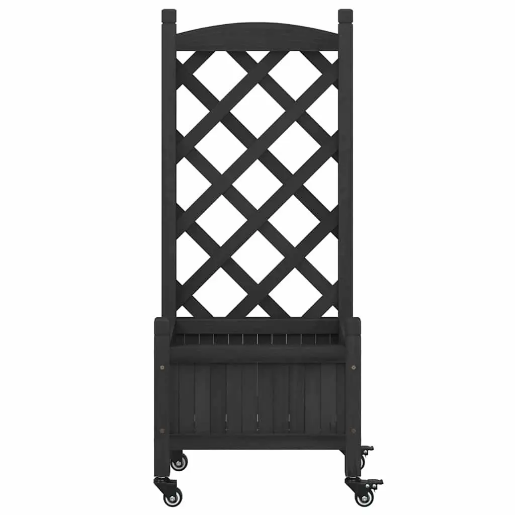 Wooden Planter Solid Fir Wood Black with Trellis and Wheels for Climbing Plants