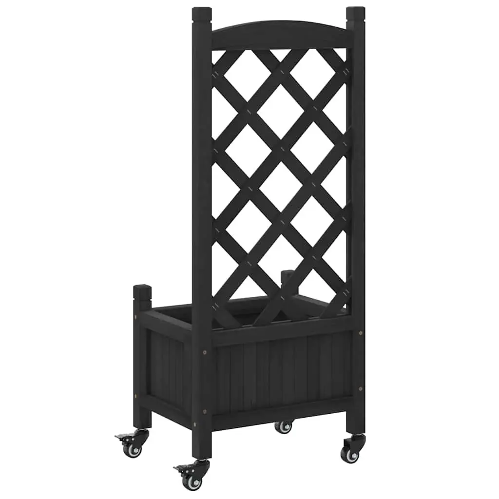 Wooden Planter Solid Fir Wood Black with Trellis and Wheels for Climbing Plants