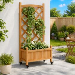Durable Wooden Planter with Trellis and Wheels for Climbing Plants