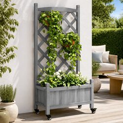 Durable Wooden Garden Planter with Trellis and Wheels