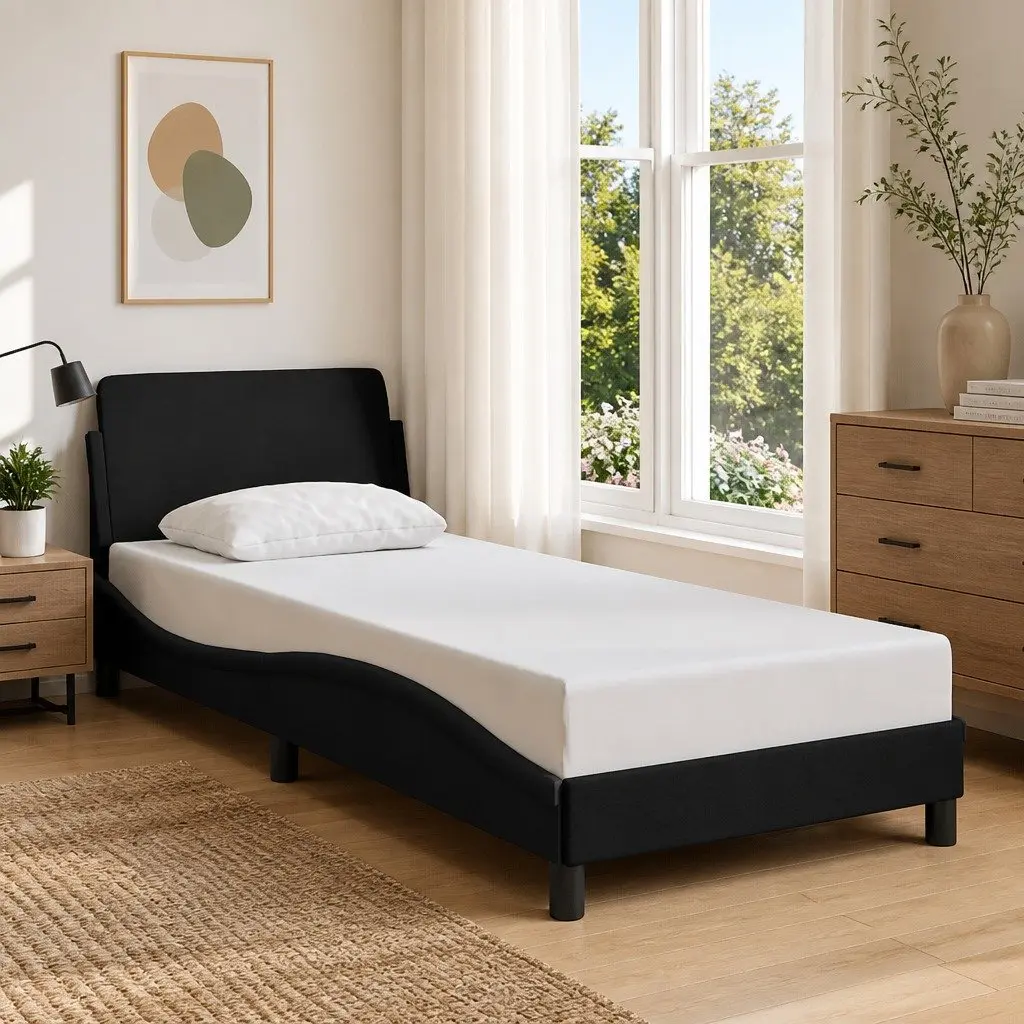 Black Fabric Bed Frame with Headboard, 90x190 cm