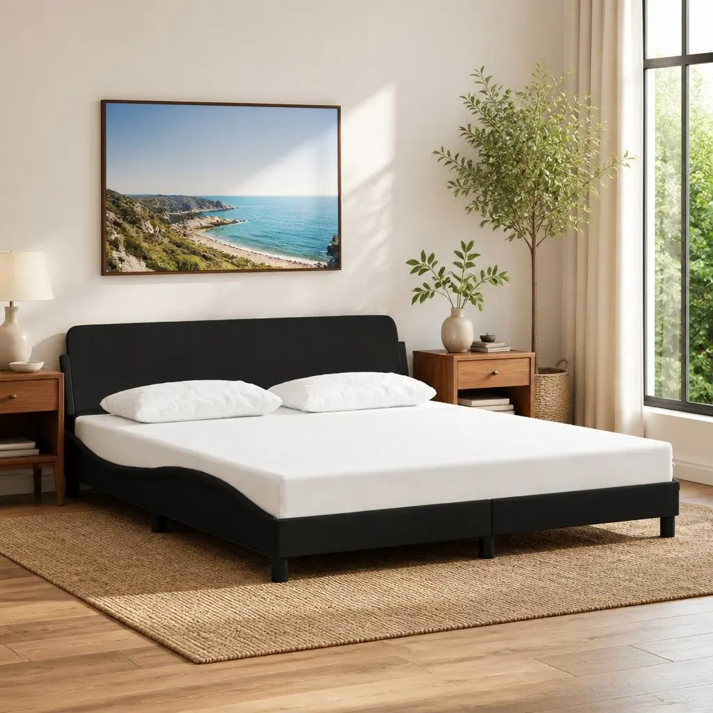 Black Upholstered Queen Bed Frame with Padded Headboard