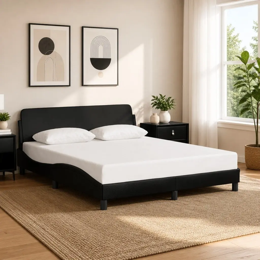 Bed Frame Faux Leather 152x203cm Black with Headboard